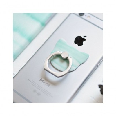 Supporte anel metálico em cima de iPhone prateado com base forma cabeça de gato verde claro