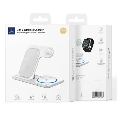 Embalagem de carregador wireless 3 em 1 branco da WIWU com texto e ícones