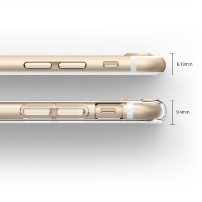 Dois perfis laterais de um smartphone dourado, um com capa transparente medindo 0.4mm e outro sem capa medindo 8.18mm