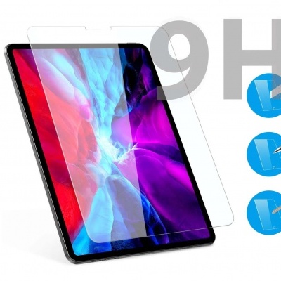 Película protetora transparente para ecrã de tablet com indicação 9H e instruções de aplicação