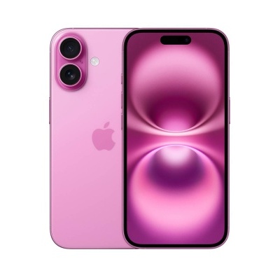 Smartphone Apple iPhone rosa com duas câmaras traseiras e ecrã frontal com padrão roxo