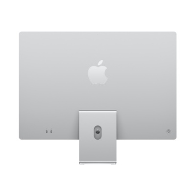 Monitor Apple iMac cinza claro com logotipo da Apple e suporte metálico
