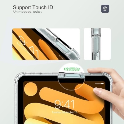 Tablet com capa transparente e suporte para Touch ID no botão lateral