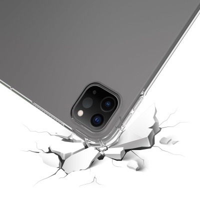 Capa transparente de silicone para smartphone cinzento com recorte de câmara, sobre fundo branco com efeito de rachaduras.