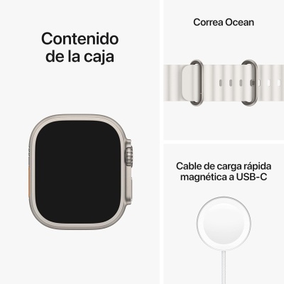 Relógio inteligente, correia Ocean branca e cabo de carga magnética USB-C