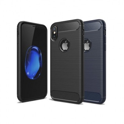 Capas protetoras de telemóvel em silicone preto e azul escuro com recortes para câmara e logótipo