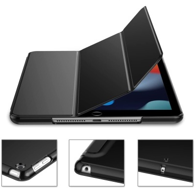 Capa protetora preta para tablet com várias aberturas e funcionalidade dobrável