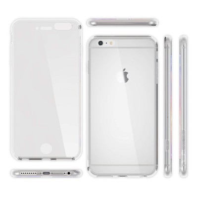 Capa protetora transparente para smartphone exibida de vários ângulos ao redor de um iPhone branco.