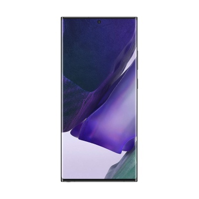 Smartphone frontal com ecrã grande e fundo roxo e azul