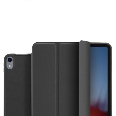 Capa protetora preta para tablet com dobradiças e recorte para câmara