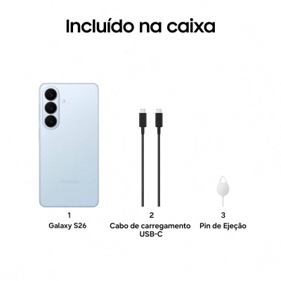 Imagem de Samsung Galaxy S26 azul claro, cabo de carregamento USB-C preto e pin de ejeção branco