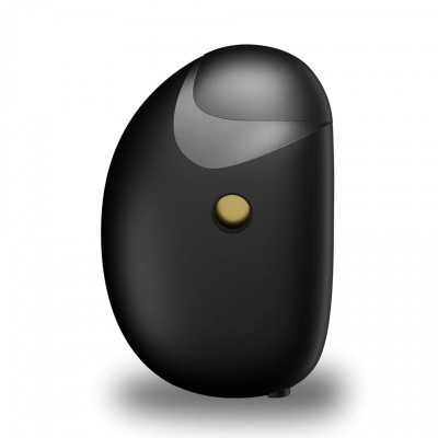 Dispositivo preto oval com botão dourado em fundo branco