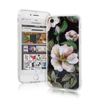 Capa para smartphone com padrão floral branco e verde em fundo preto