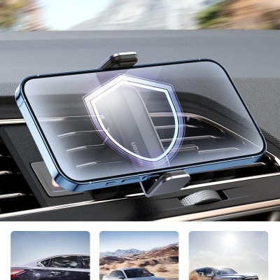 Suporte para telemóvel no carro com clip metálico e telemóvel azul