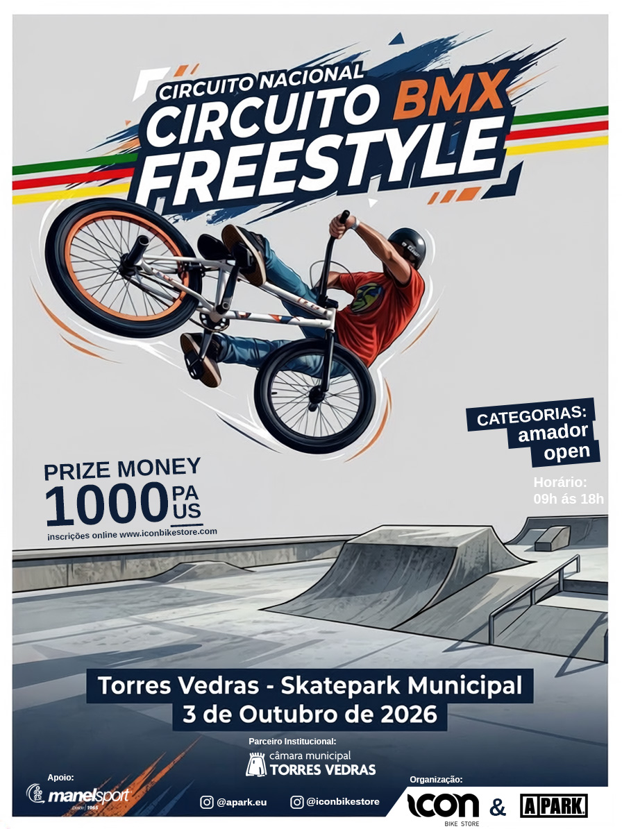 Cartaz do Circuito Nacional BMX Freestyle com ciclista a fazer manobra no skatepark de Torres Vedras