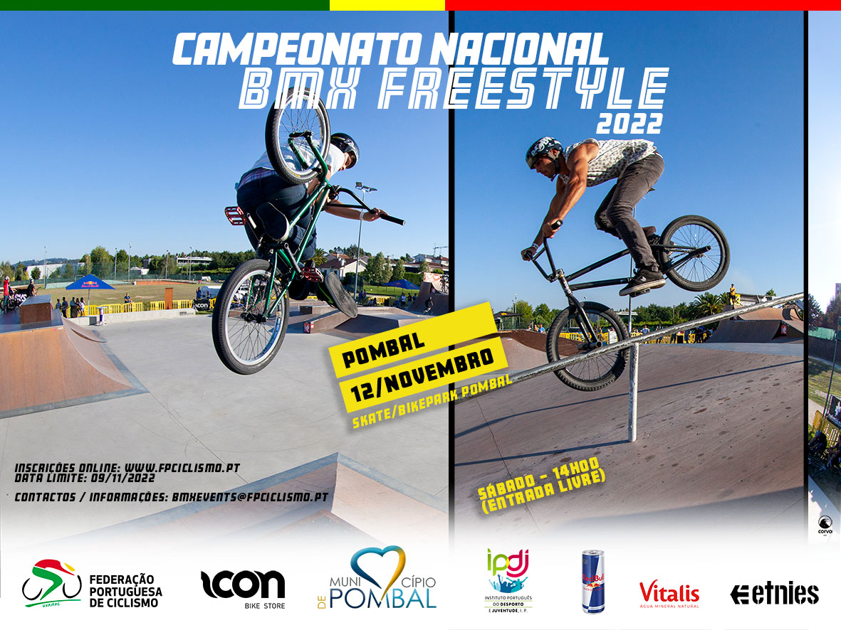 Dois ciclistas em manobras de BMX freestyle em skate park com texto promocional do campeonato nacional 2022