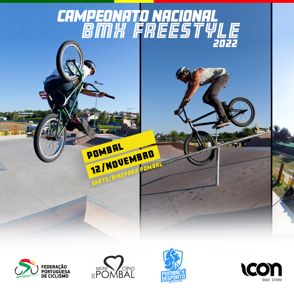 Poster Campeonato Nacional BMX Freestyle 2022 com ciclistas em acrobacias em rampas e texto em destaque.