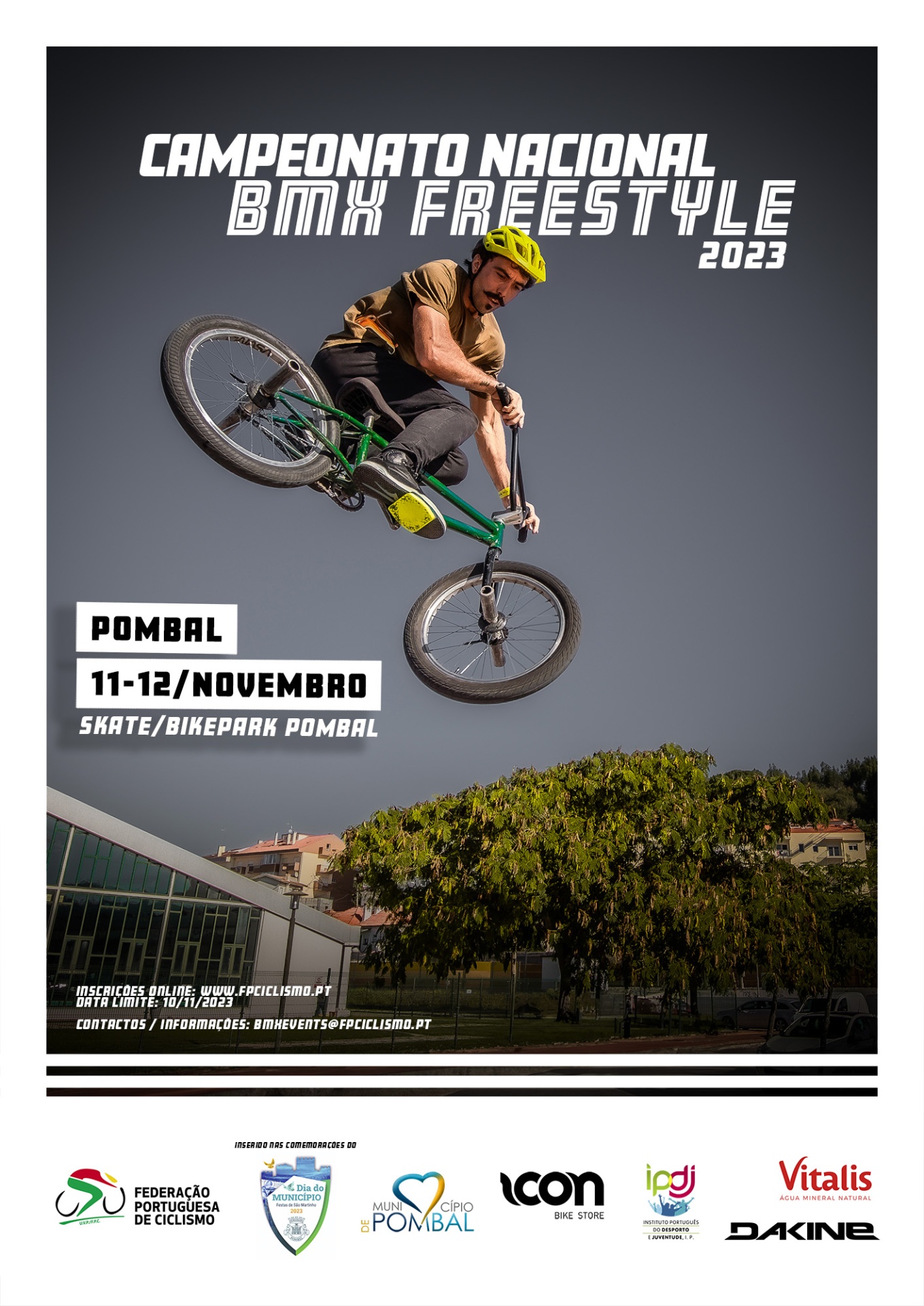 Cartaz Campeonato Nacional BMX Freestyle 2023 com ciclista em manobra aérea numa bicicleta verde.