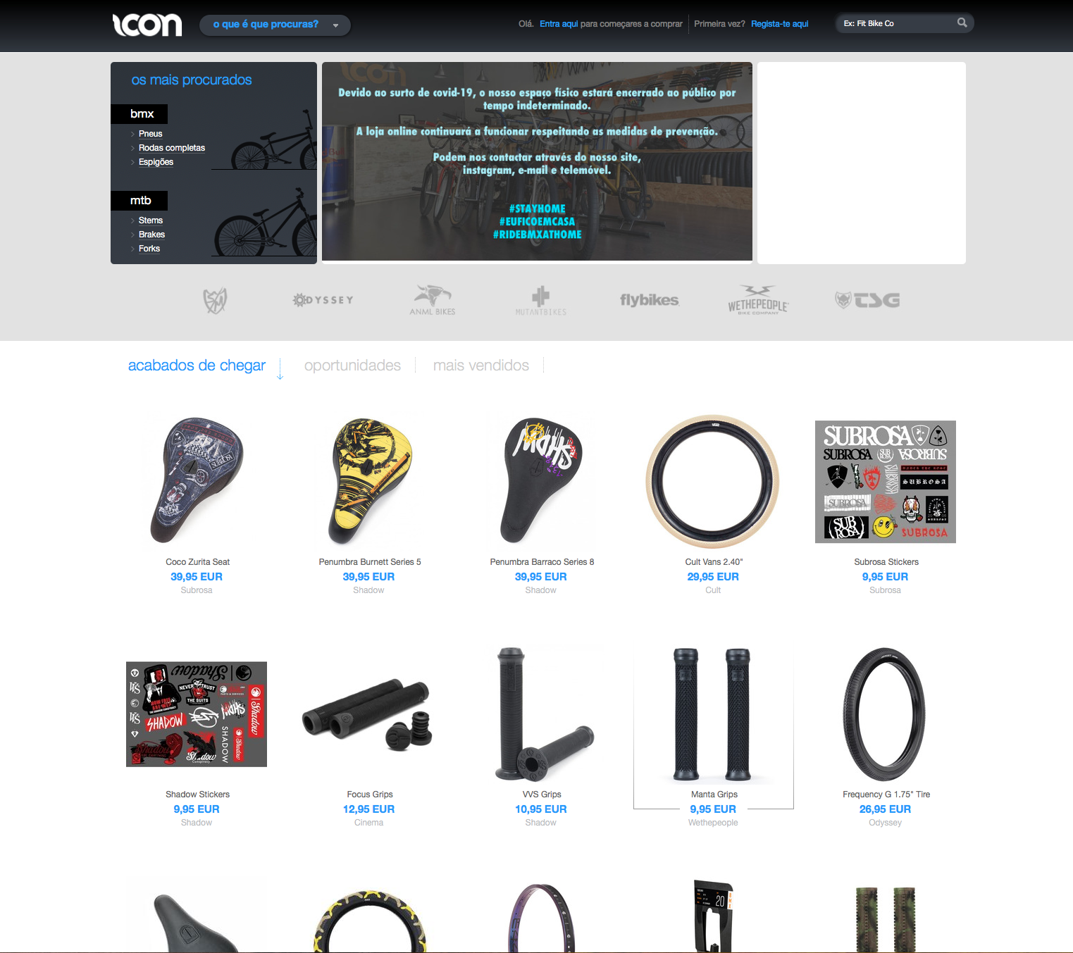 Página de ecommerce mostrando selins, grips e acessórios para bicicleta com preços em euros.