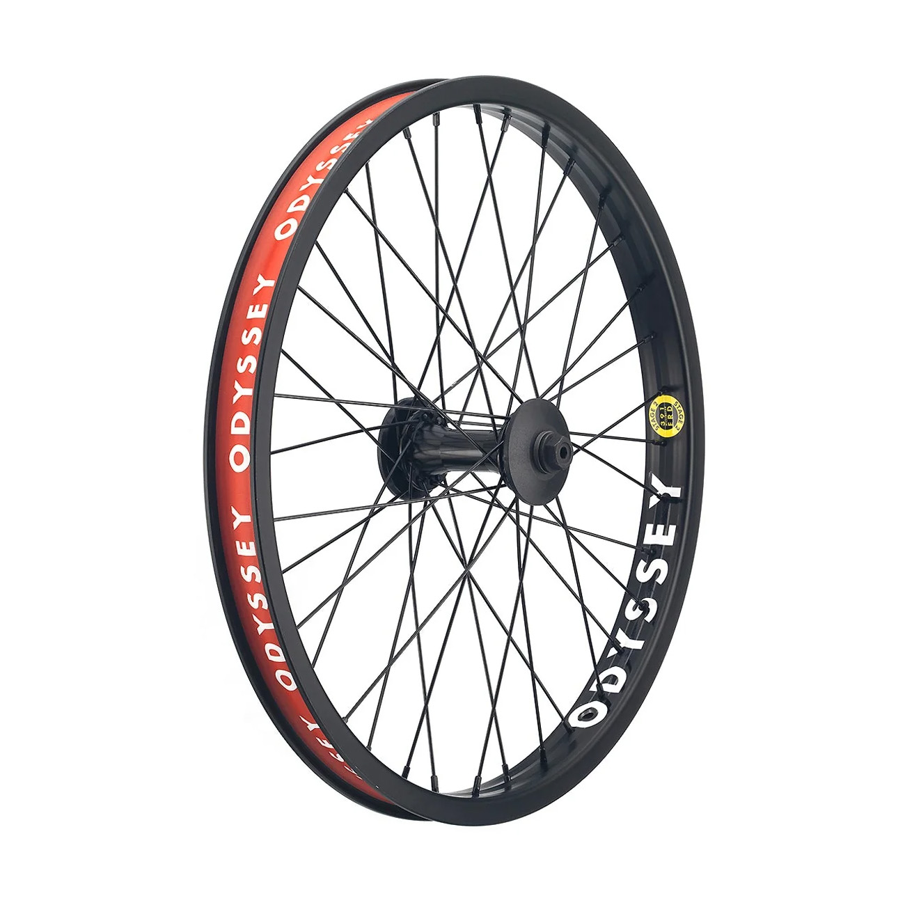 Roda de bicicleta preta com escrita ODYSSEY