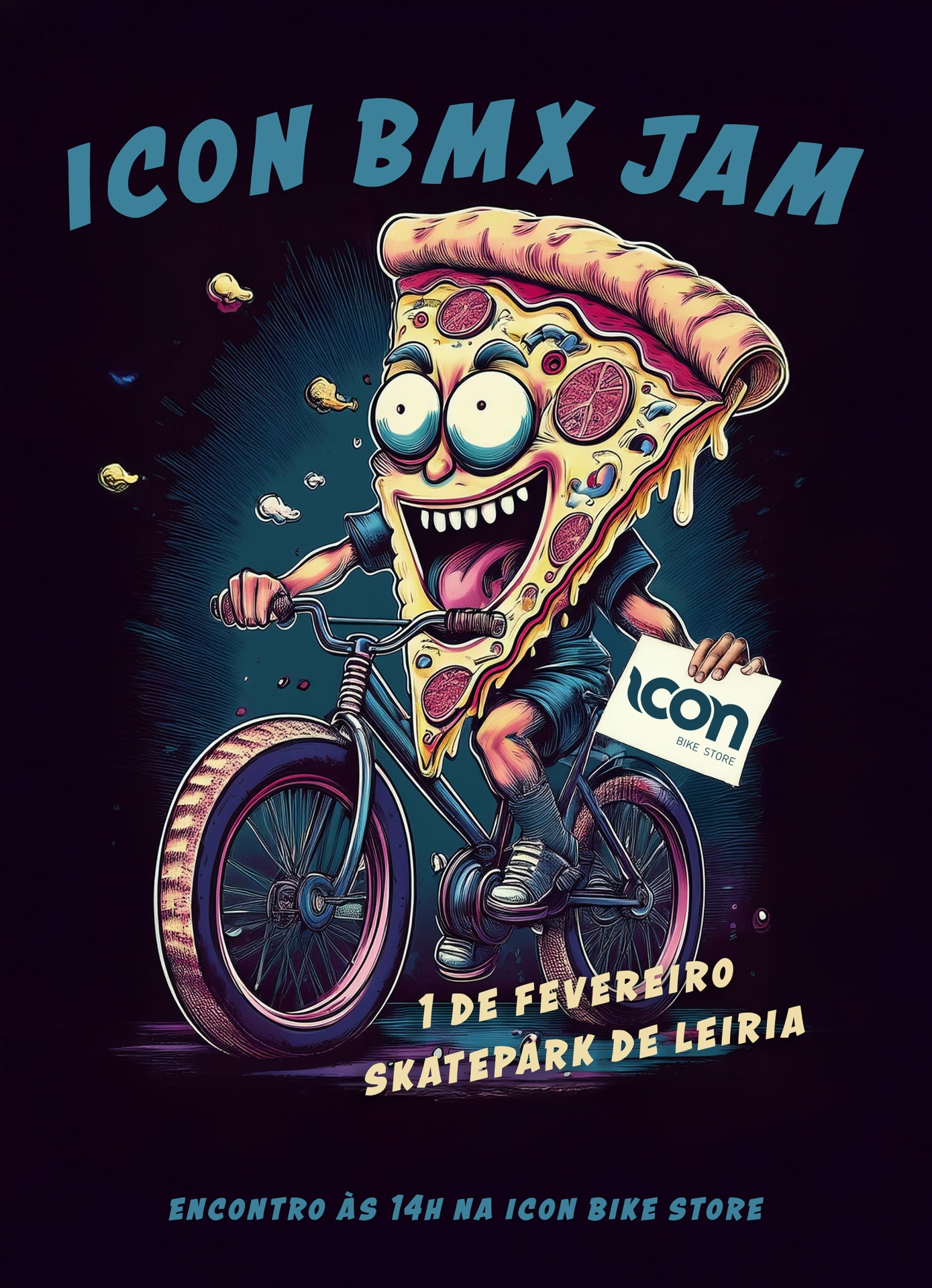 Cartaz colorido com fatia de pizza animada numa bicicleta BMX com textos promovendo evento BMX em Leiria