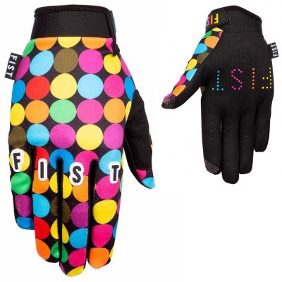 Luvas coloridas com padrão de pontos multicoloridos e texto FIST