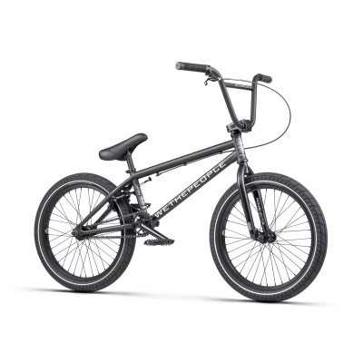 Bicicleta BMX preta com quadro de metal e texto WETHEPEOPLE