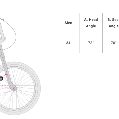Quadro de bicicleta cinza com linhas rosas e tabela de geometrias de medidas para tamanho 24.