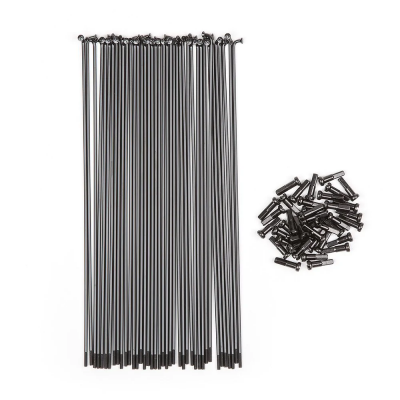 Raios e nipples pretos metálicos para bicicletas sobre fundo branco