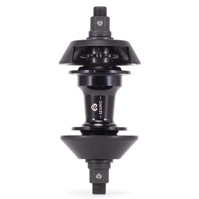 Roda traseira BMX preta com texto SEISMIC no cubo central e símbolos de coração nas extremidades