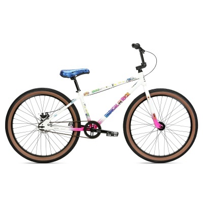 Bicicleta BMX branca para crianças com selim azul e detalhes em rosa