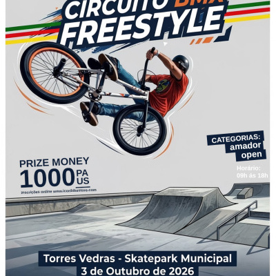 Cartaz do Circuito Nacional BMX Freestyle com ciclista a fazer manobra no skatepark de Torres Vedras