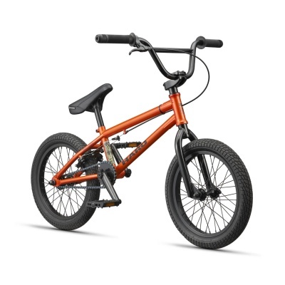 Bicicleta BMX infantil laranja com rodas pretas e selim preto