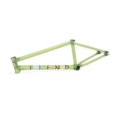 Quadro de bicicleta verde claro com texto FEED e pequenos logotipos coloridos