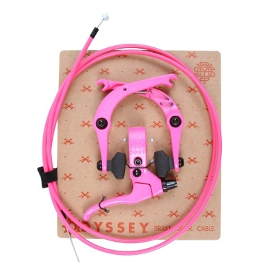 Conjunto de travões e cabos para bicicleta rosa em cartão com texto Odyssey.