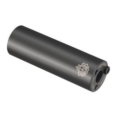 Objeto cilíndrico preto com texto branco e símbolo estilizado em fundo branco