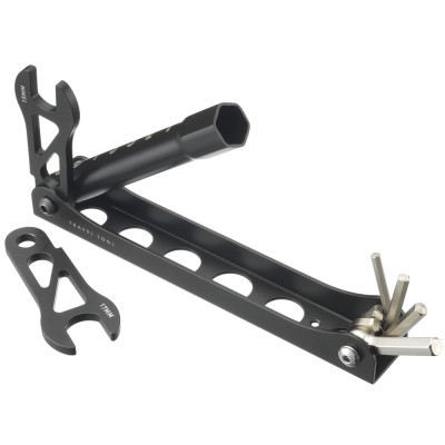 Conjunto de ferramentas multifunções em metal preto com chaves hexagonais e chave de boca 14mm