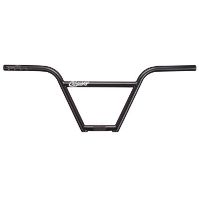 Guidão de bicicleta preto com texto branco e fundo branco