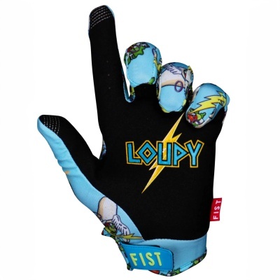 Luva esportiva preta e azul com desenhos coloridos e texto LOUPY e FIST