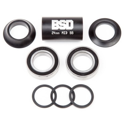 Conjunto de peças para bicicleta com rolamentos e anéis pretos e cilindro com texto branco BSD 24mm MID BB
