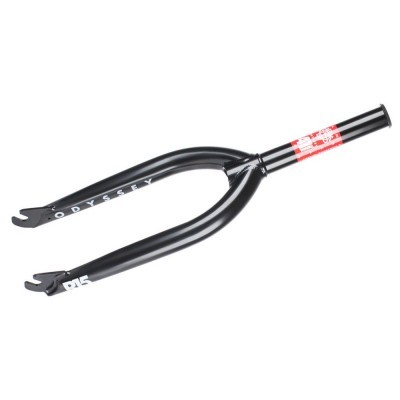 Garfo de bicicleta preto de metal da marca ODYSSEY com modelo R15 e marca vermelha no tubo central