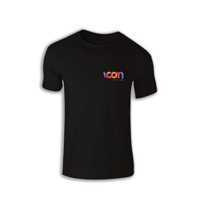 T-shirt preta com texto colorido 'Icon' no peito