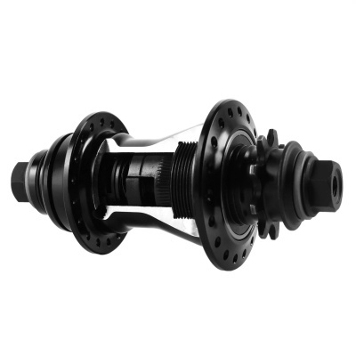 Maçaneta de cubo de bicicleta preta metálica com várias perfurações e engrenagem