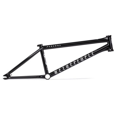 Estrutura de bicicleta BMX preta com texto branco PARADOX e WE THE PEOPLE