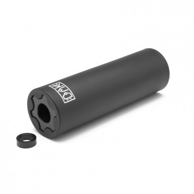 Silenciador cilíndrico preto com logótipo branco e anel separado