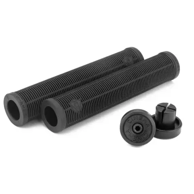 Punhos pretos para bicicleta com tampas redondas pretas com texto CINEO