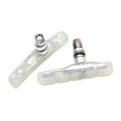 Par de patins de freio transparentes com peças metálicas