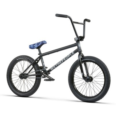 Bicicleta BMX preta com banco azul camuflado