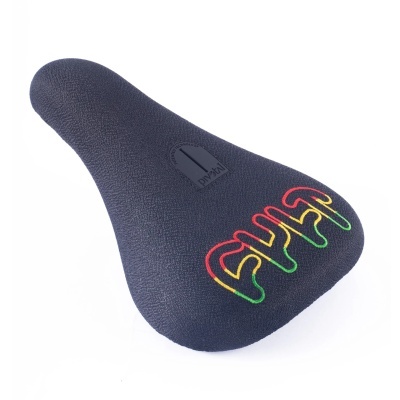 Assento preto para bicicleta com bordado colorido e etiqueta preta