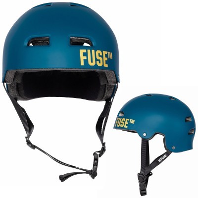 Capacete azul com texto FUSE™ amarelo e alças pretas